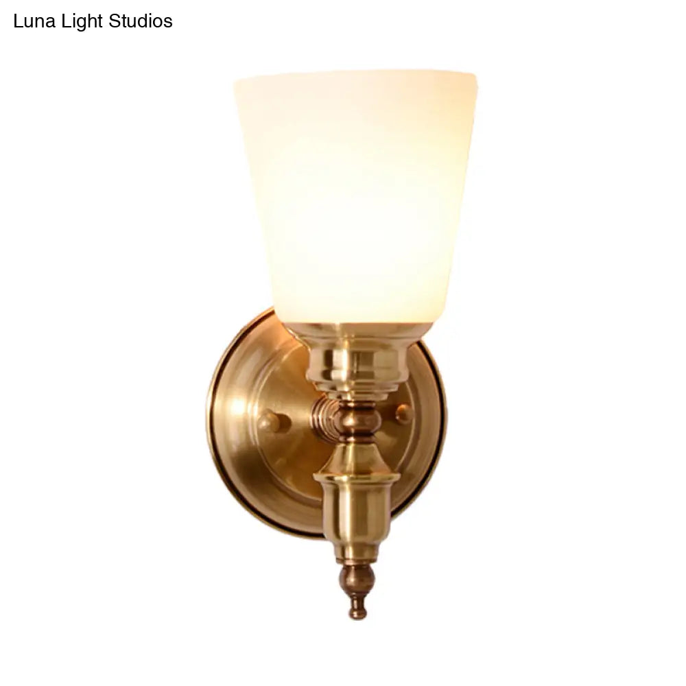 Modern 1-Head Gold Sconce With White Glass Cone Shade For Bedroom Walls