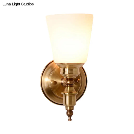 Modern 1-Head Gold Sconce With White Glass Cone Shade For Bedroom Walls