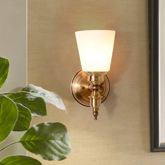 Modern 1-Head Gold Sconce With White Glass Cone Shade For Bedroom Walls