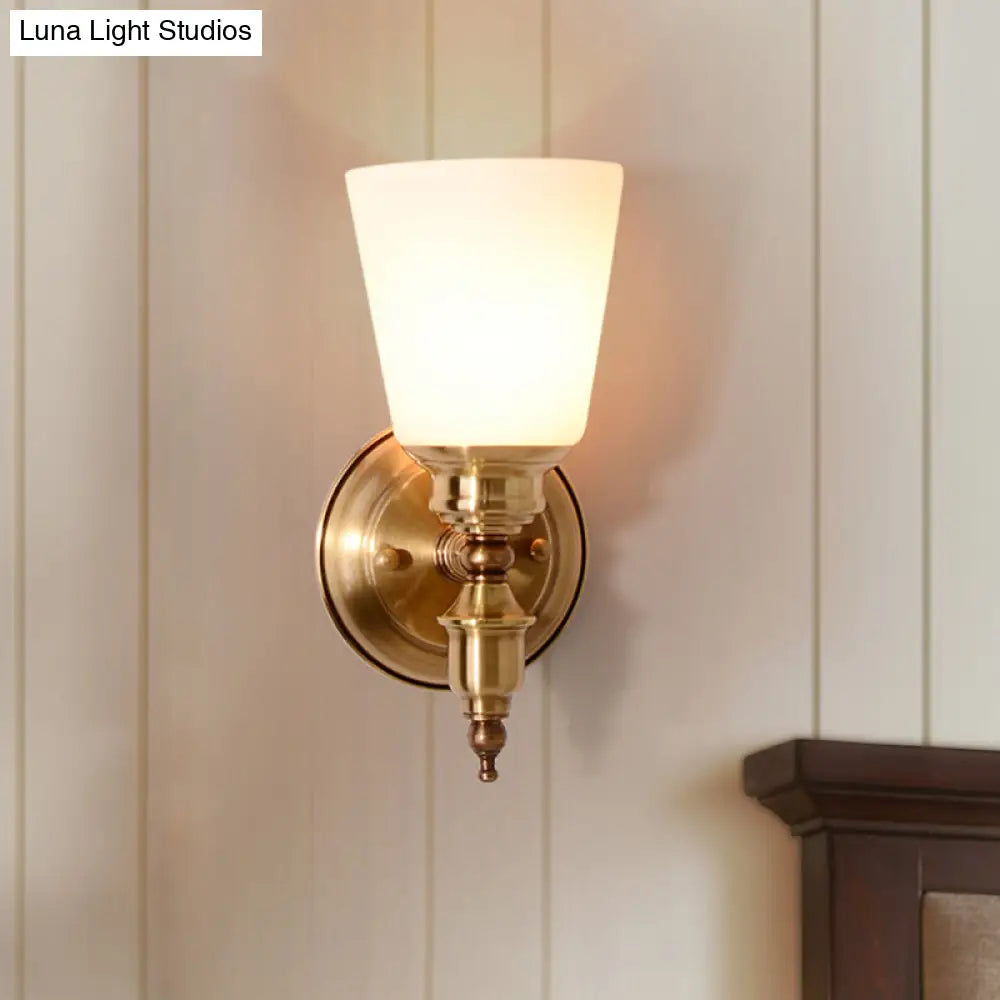 Modern 1-Head Gold Sconce With White Glass Cone Shade For Bedroom Walls