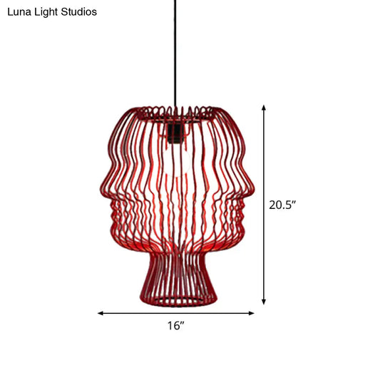 Modern 1-Head Red Metallic Pendant Light With Suspended Arc Cage - Ceiling Fixture