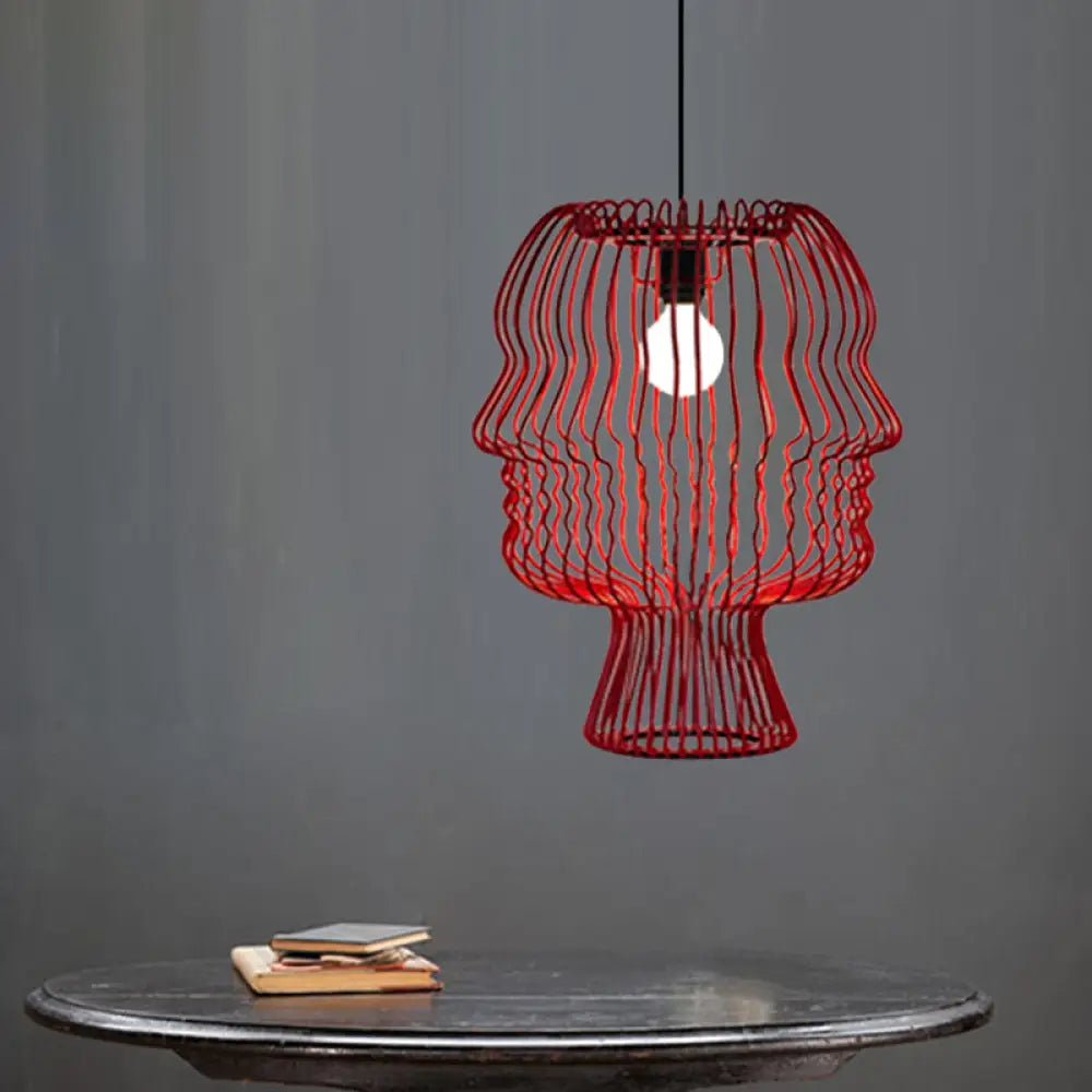 Modern 1-Head Red Metallic Pendant Light With Suspended Arc Cage - Ceiling Fixture