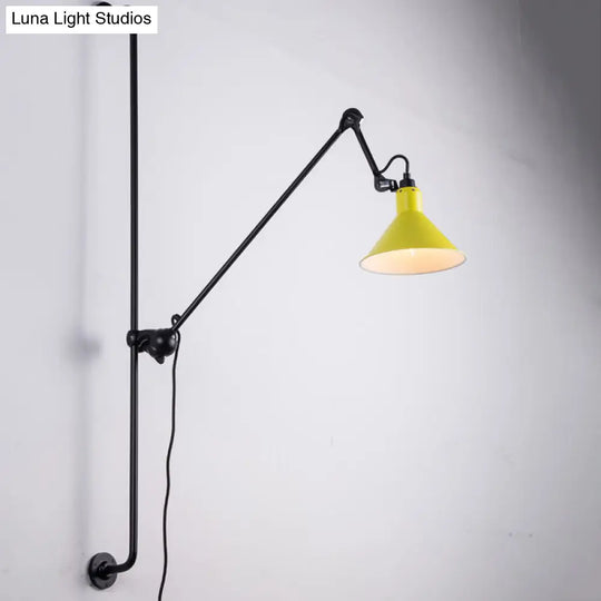 Modern 1-Head Sconce Lighting With Metal Shade - Red/Yellow Conical Wall Mount Lamp For Bedside