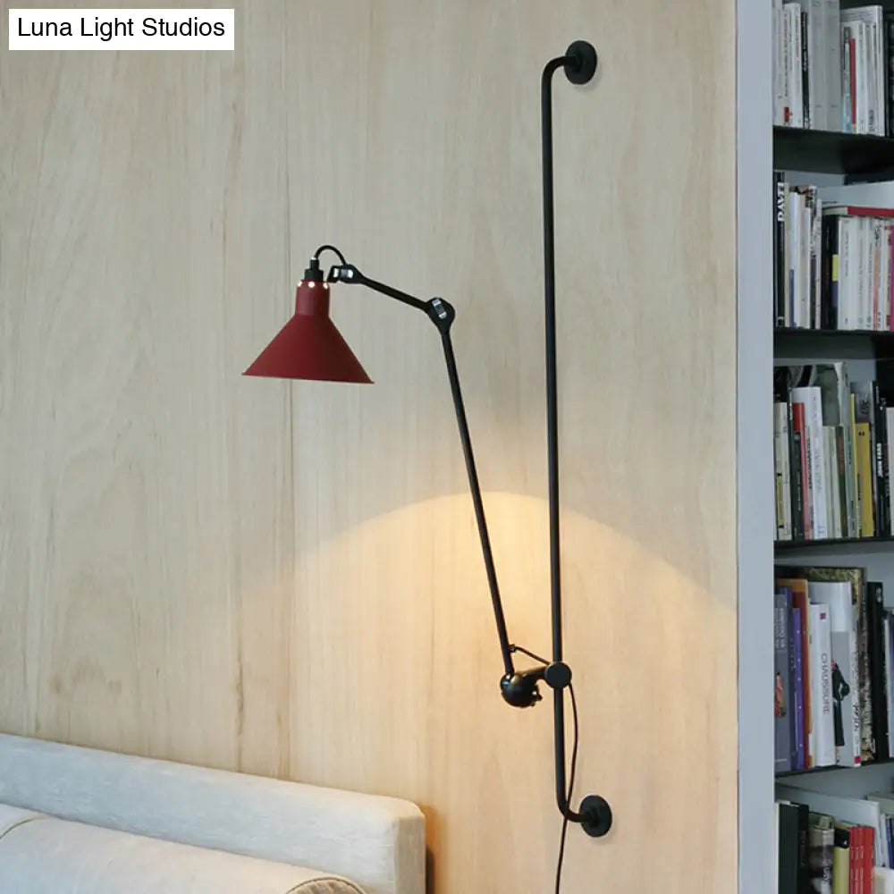 Modern 1-Head Sconce Lighting With Metal Shade - Red/Yellow Conical Wall Mount Lamp For Bedside