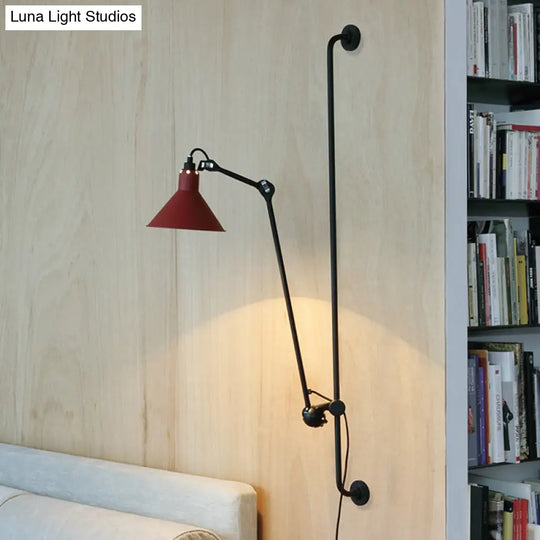 Modern 1-Head Sconce Lighting With Metal Shade - Red/Yellow Conical Wall Mount Lamp For Bedside