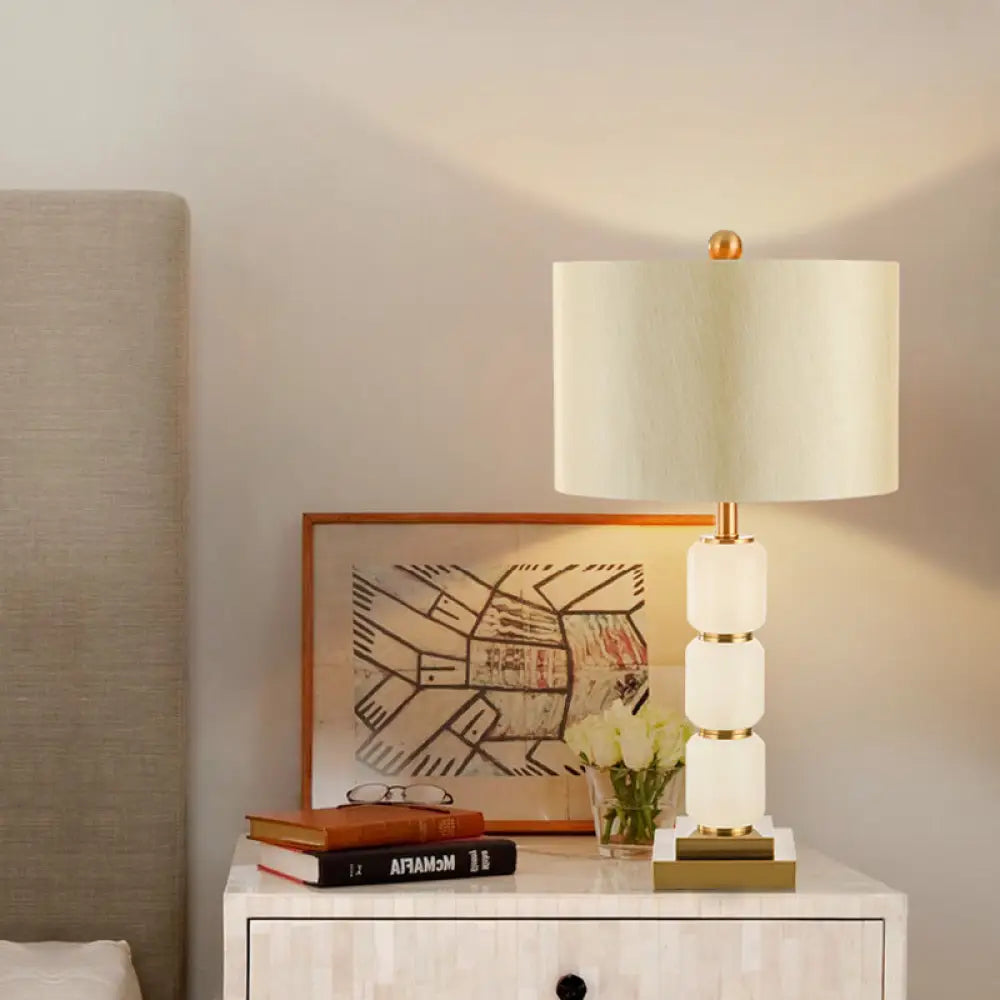 Modern 1-Head White Nightstand Lamp With Reading Light Elegant Fabric Shade