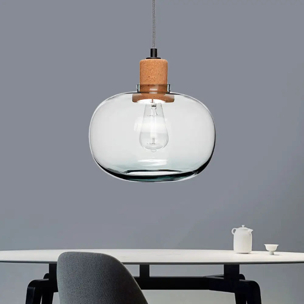 Modern 1-Head Wood Pendant Light Kit With Clear Belly Glass Pot Cork Accent - Hanging Lighting