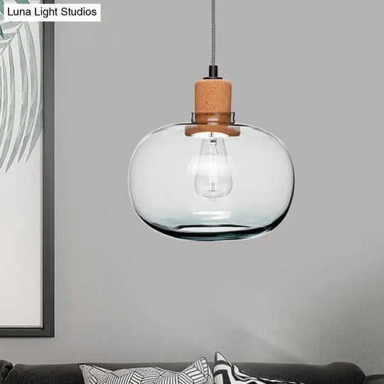 Modern 1-Head Wood Pendant Light Kit With Clear Belly Glass Pot Cork Accent - Hanging Lighting