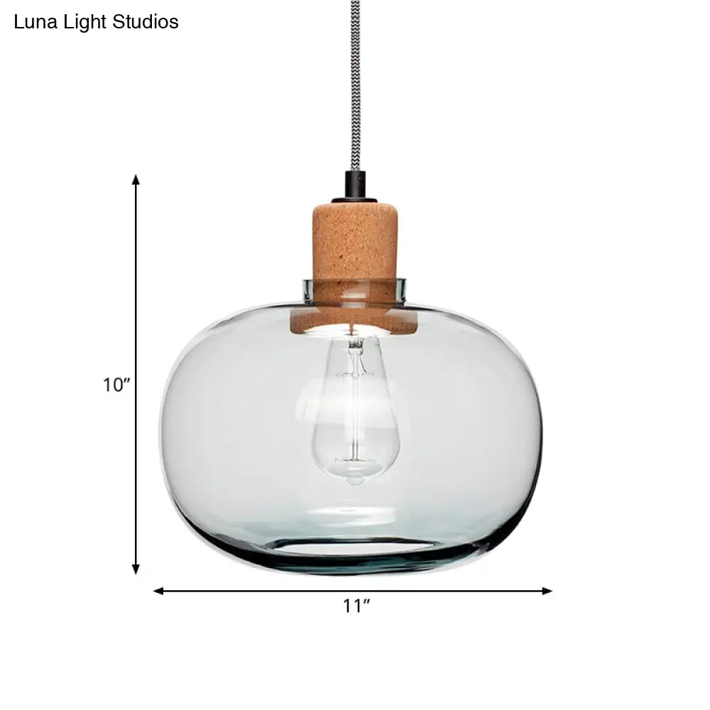 Modern 1-Head Wood Pendant Light Kit With Clear Belly Glass Pot Cork Accent - Hanging Lighting