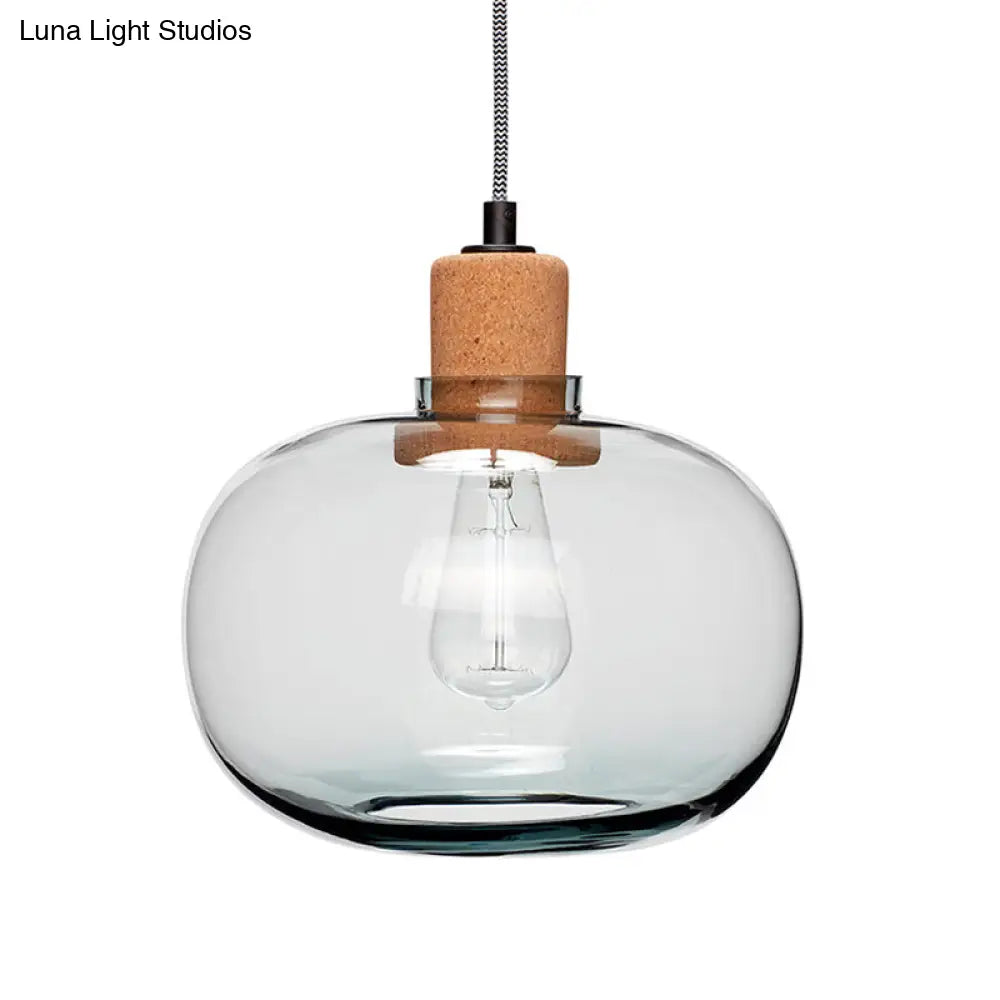 Modern 1-Head Wood Pendant Light Kit With Clear Belly Glass Pot Cork Accent - Hanging Lighting