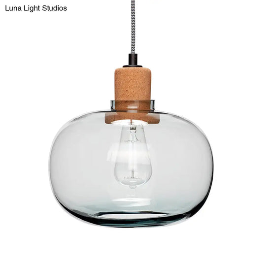 Modern 1-Head Wood Pendant Light Kit With Clear Belly Glass Pot Cork Accent - Hanging Lighting