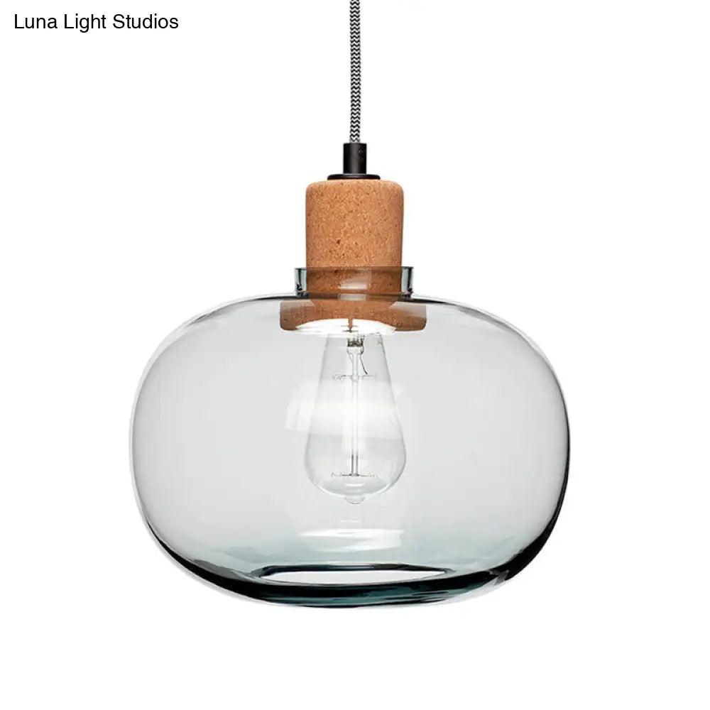 Modern Clear Glass Pot Pendant Light Kit With Wood Hanging Fixture And Cork Accent