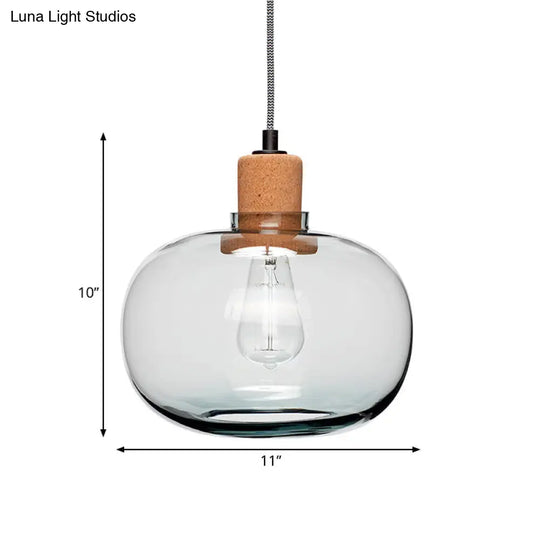 Modern Clear Glass Pot Pendant Light Kit With Wood Hanging Fixture And Cork Accent