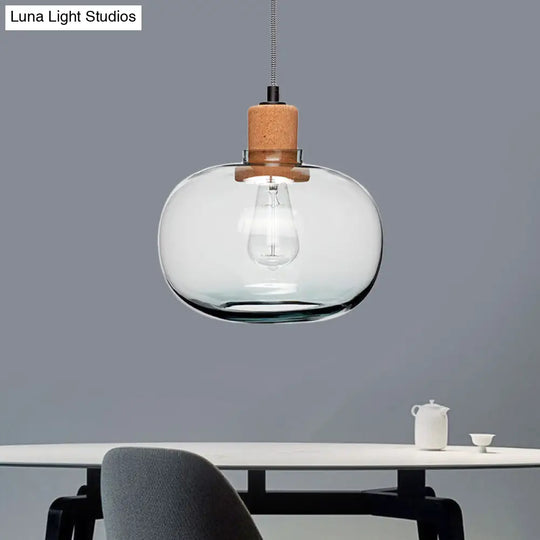 Modern Clear Glass Pot Pendant Light Kit With Wood Hanging Fixture And Cork Accent