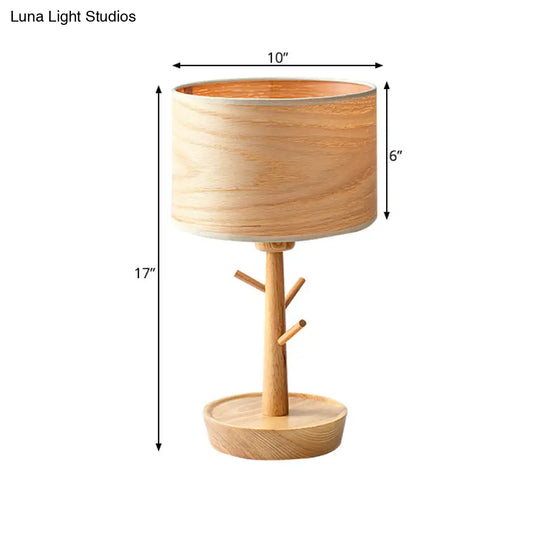 Modern 1-Light Beige Table Lamp With Wood Drum Shade And Hook Design - Functional Night Lighting