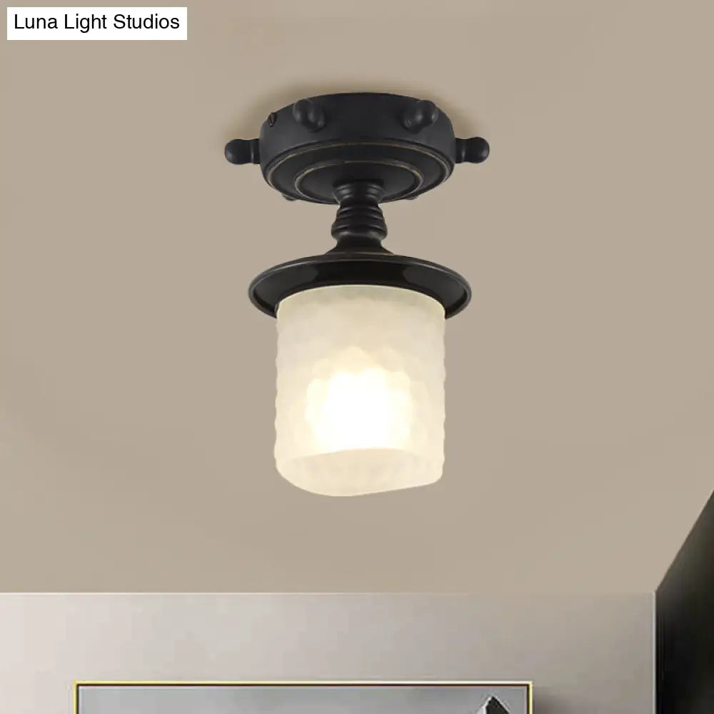 Black/Blue Column Ceiling Flush Light Mediterranean 1-Bulb Semi Mount Opaque Glass 6/13 Wide Black /