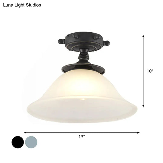 Modern 1-Light Black/Blue Mediterranean Semi Flush Mount Ceiling Light Opaque Glass Column/Flared