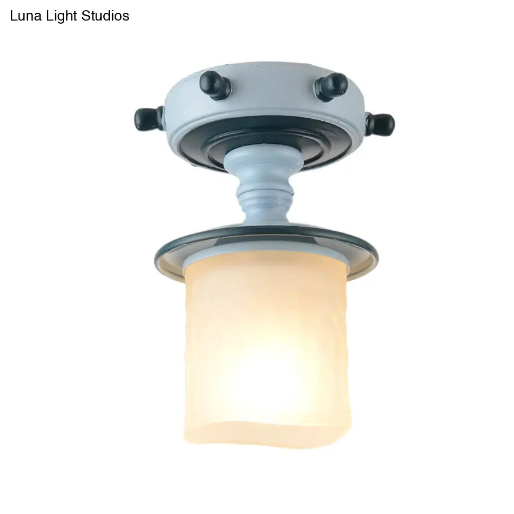 Black/Blue Column Ceiling Flush Light Mediterranean 1-Bulb Semi Mount Opaque Glass 6/13 Wide