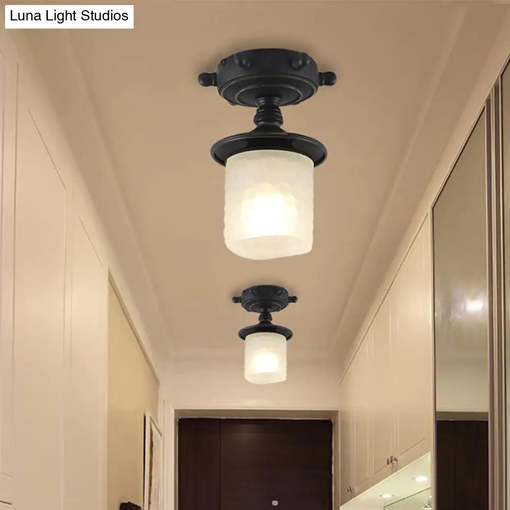 Modern 1-Light Black/Blue Mediterranean Semi Flush Mount Ceiling Light Opaque Glass Column/Flared