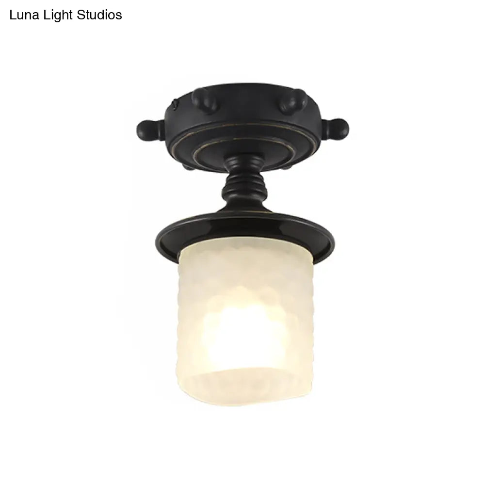 Black/Blue Column Ceiling Flush Light Mediterranean 1-Bulb Semi Mount Opaque Glass 6/13 Wide