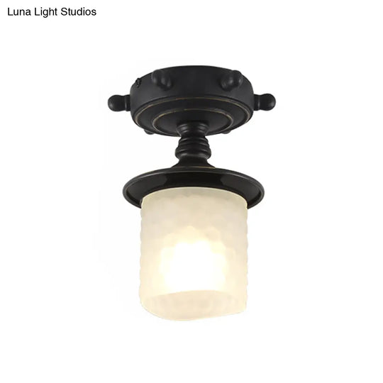 Black/Blue Column Ceiling Flush Light Mediterranean 1-Bulb Semi Mount Opaque Glass 6/13 Wide