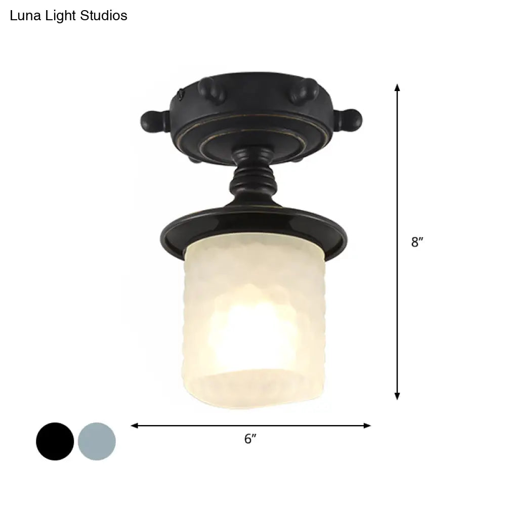 Black/Blue Column Ceiling Flush Light Mediterranean 1-Bulb Semi Mount Opaque Glass 6/13 Wide