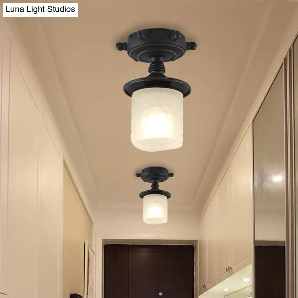 Black/Blue Column Ceiling Flush Light Mediterranean 1-Bulb Semi Mount Opaque Glass 6/13 Wide