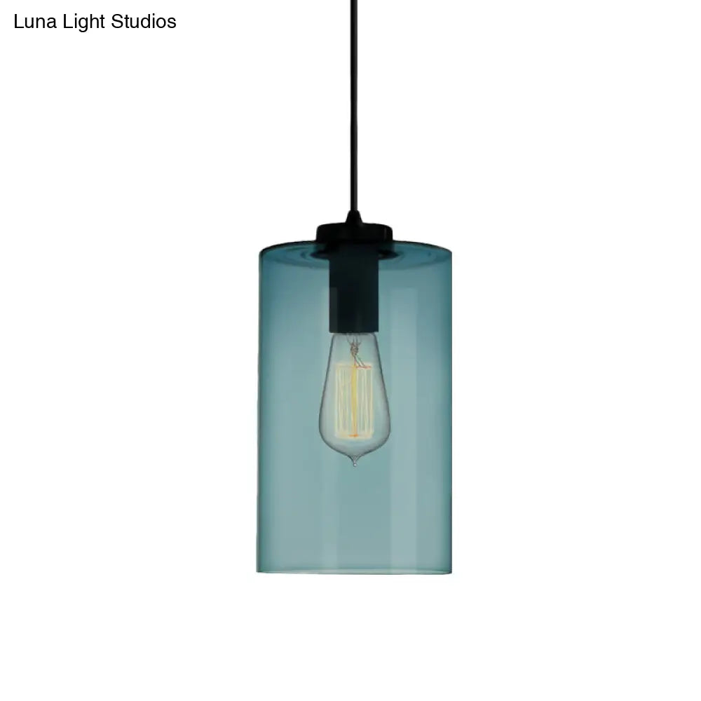 Modern Blue Glass Pendant Lamp With Black Global Shape - 1 Light Ceiling