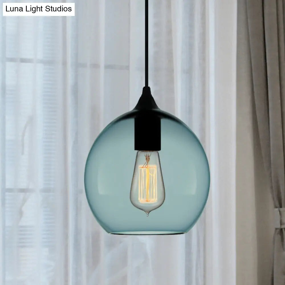 Modern Blue Glass Pendant Lamp With Black Global Shape - 1 Light Ceiling / Globe