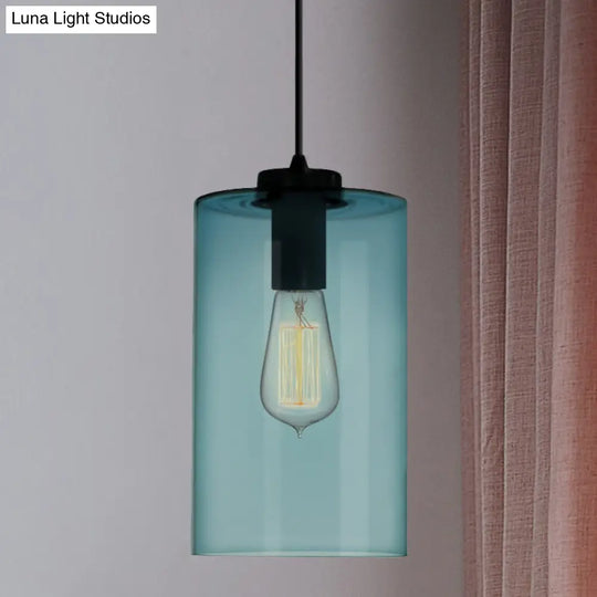 Modern Blue Glass Pendant Lamp With Black Global Shape - 1 Light Ceiling / Cylinder