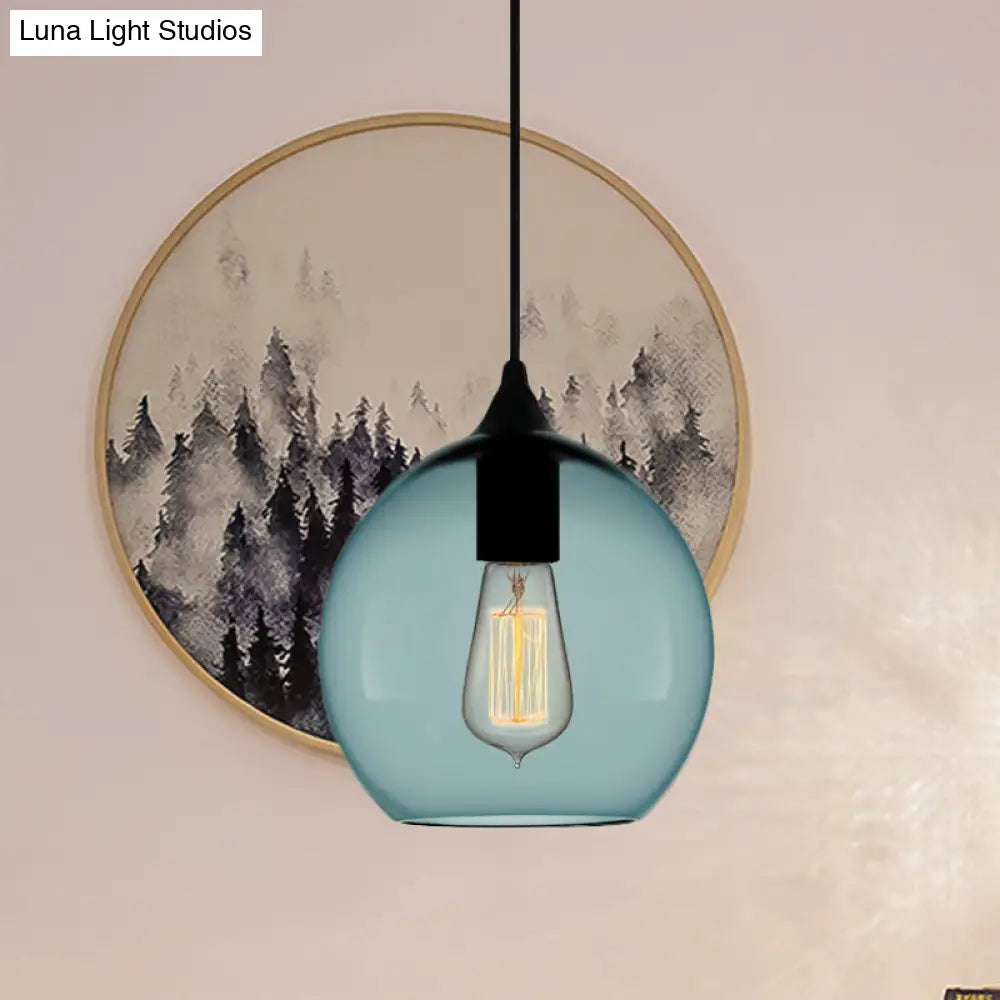 Modern Blue Glass Pendant Lamp With Black Global Shape - 1 Light Ceiling