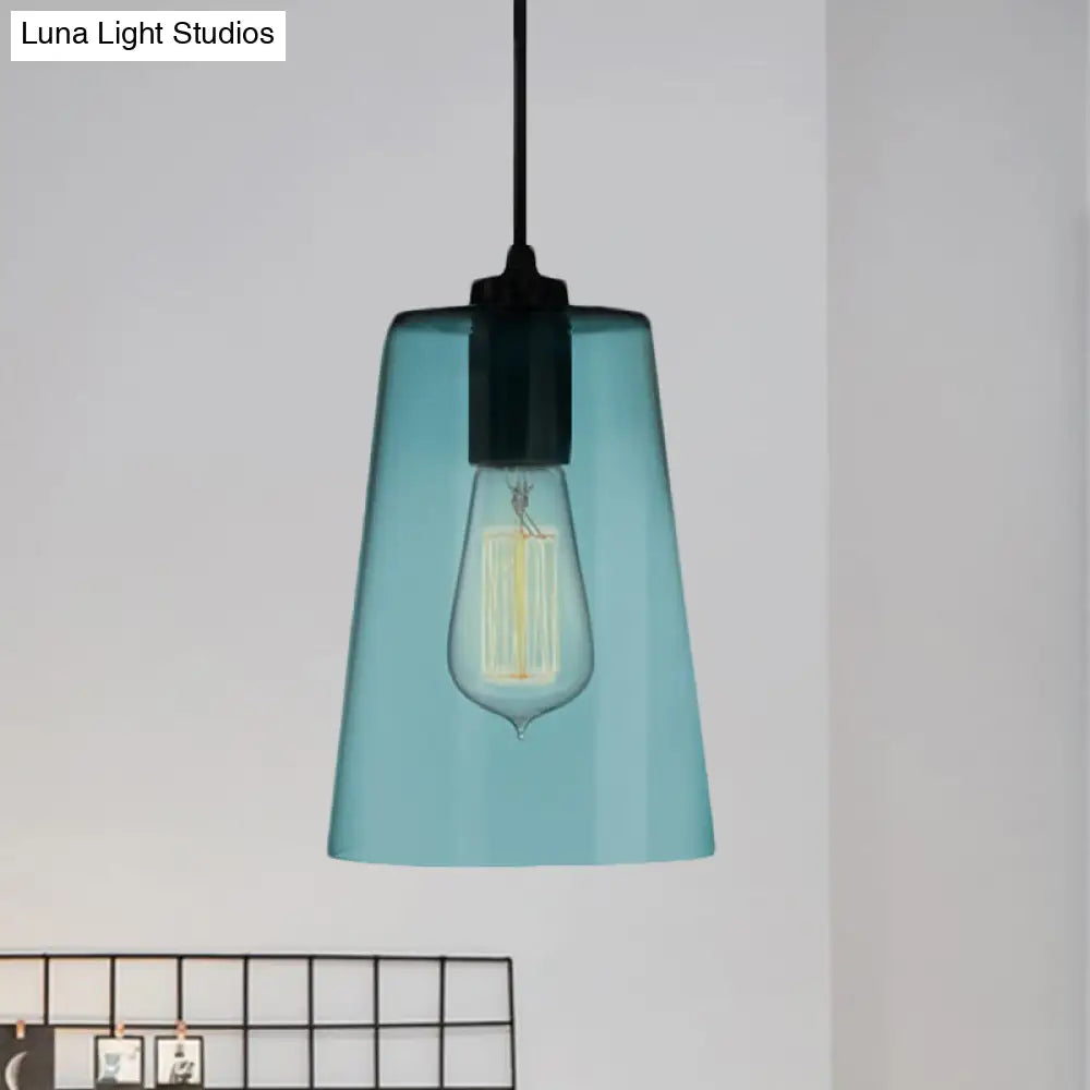 Modern Blue Glass Pendant Lamp With Black Global Shape - 1 Light Ceiling / Barrel