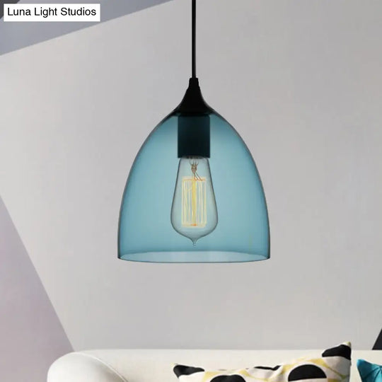 Modern Blue Glass Pendant Lamp With Black Global Shape - 1 Light Ceiling