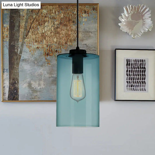 Modern Blue Glass Pendant Lamp With Black Global Shape - 1 Light Ceiling