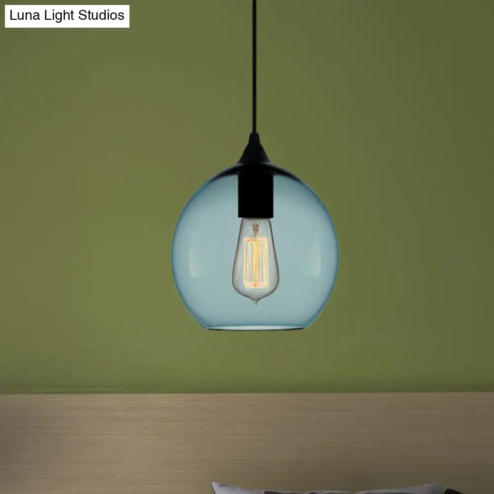 Modern Blue Glass Pendant Lamp With Black Global Shape - 1 Light Ceiling