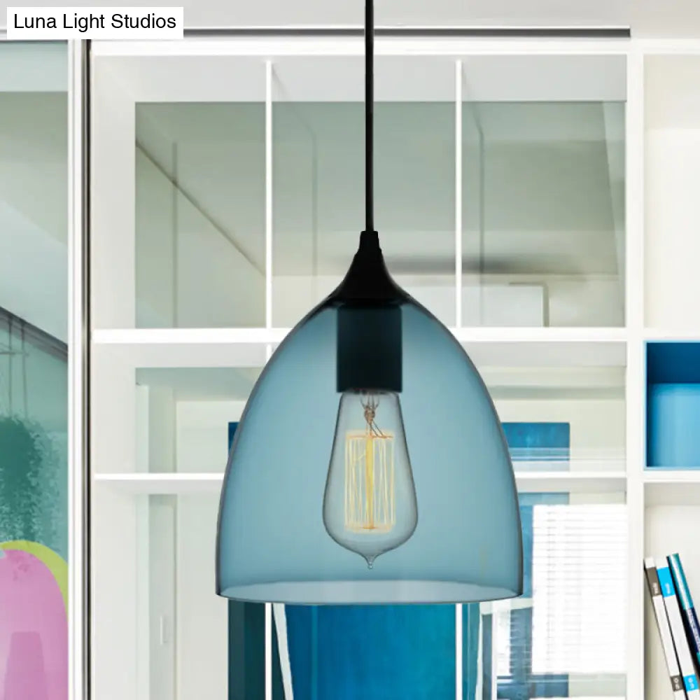 Modern Blue Glass Pendant Lamp With Black Global Shape - 1 Light Ceiling / Dome