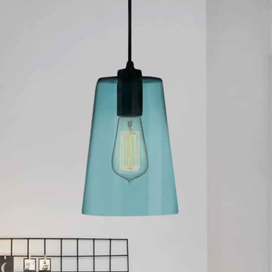 Modern 1 Light Blue Glass Pendant Lamp Black Ceiling / Barrel