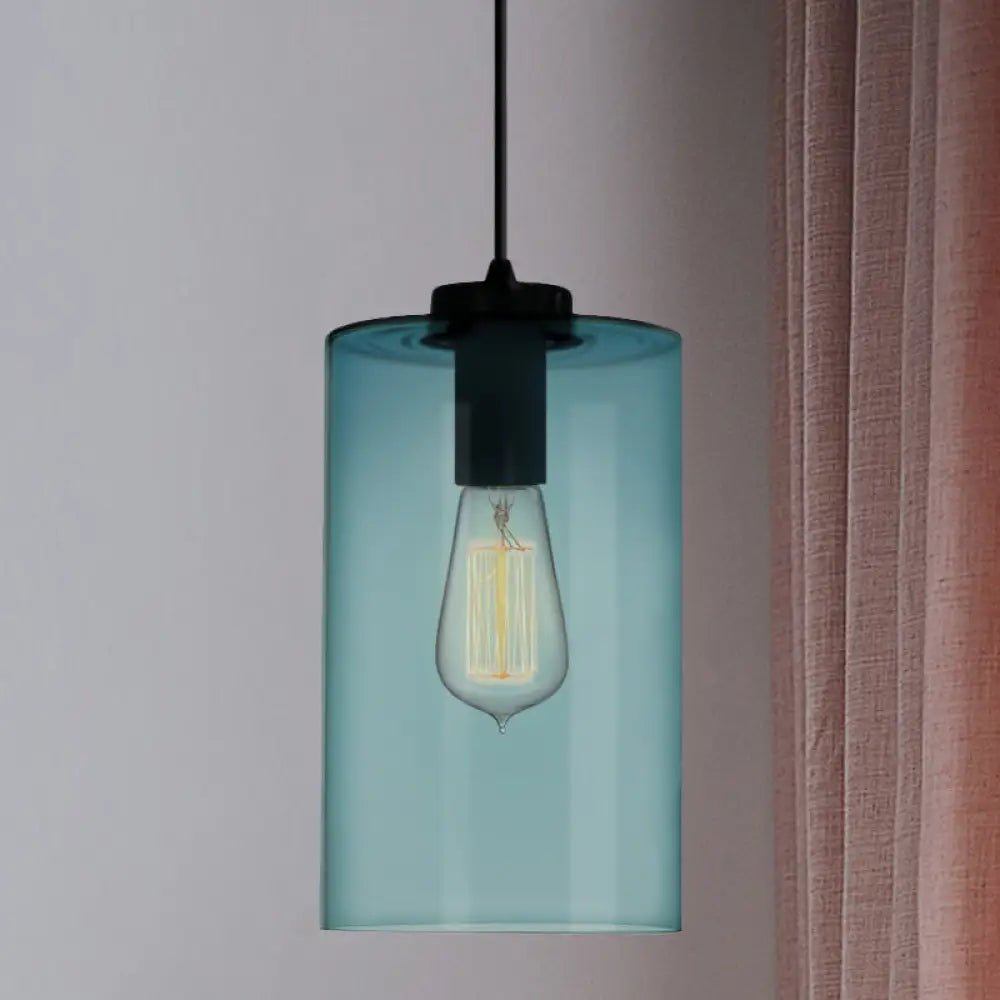 Modern 1 Light Blue Glass Pendant Lamp Black Ceiling / Cylinder