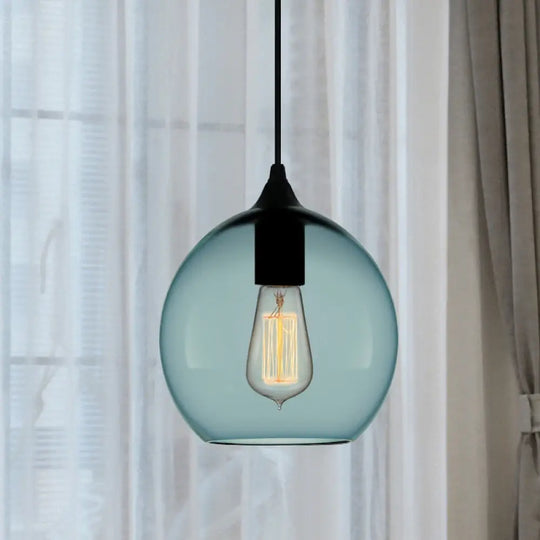 Modern 1 Light Blue Glass Pendant Lamp Black Ceiling / Globe