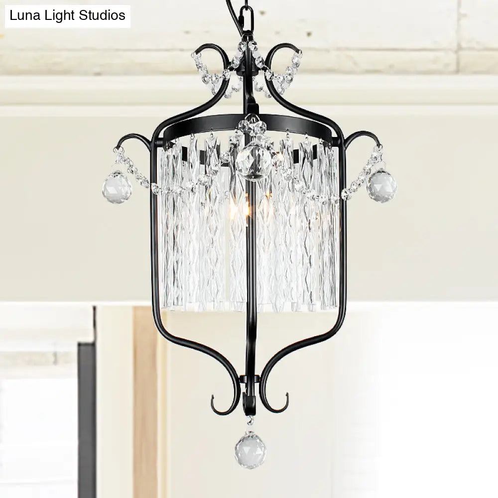 Modern 1-Light Hanging Bird Cage Pendant Light With Crystal Shade - Black/White Ceiling Fixture