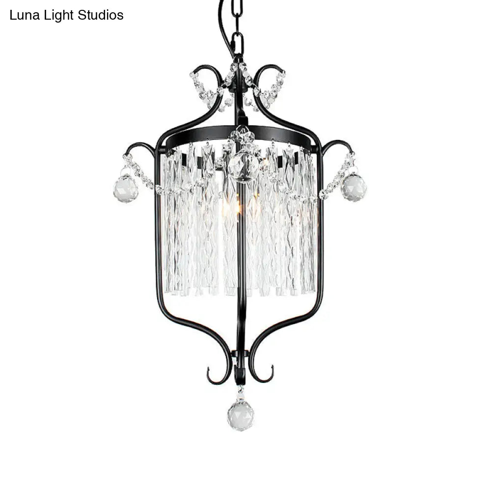 Modern 1-Light Hanging Bird Cage Pendant Light With Crystal Shade - Black/White Ceiling Fixture