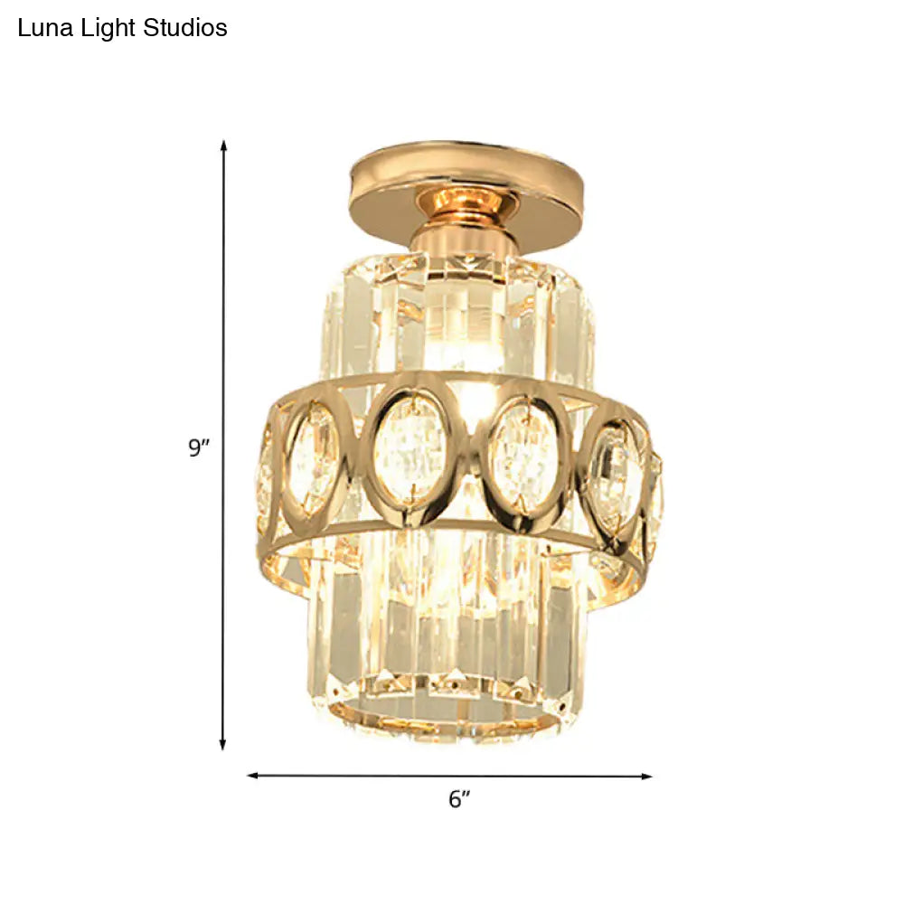 Modern 1-Light Cylinder Crystal Flush Ceiling Light In Gold With Circlet/Leaf Guard