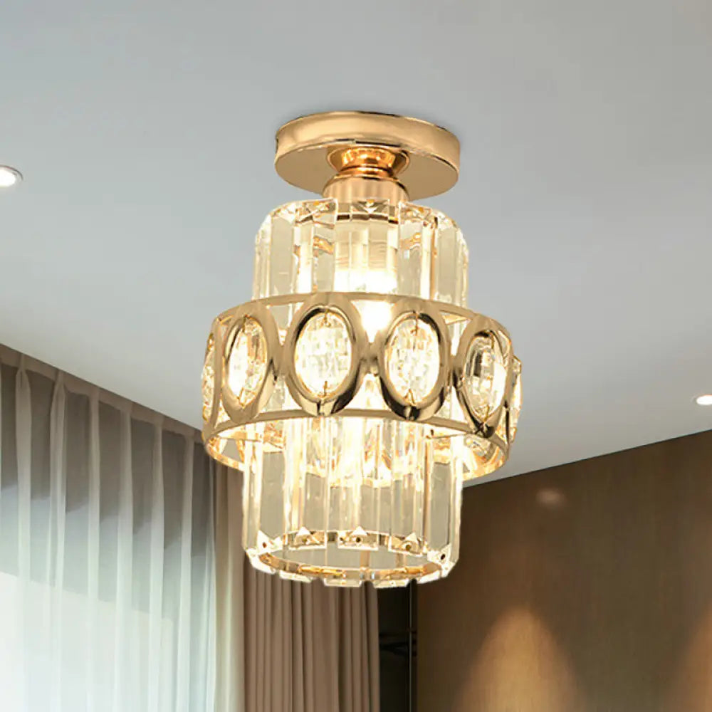 Modern 1-Light Cylinder Crystal Flush Ceiling Light In Gold With Circlet/Leaf Guard / A