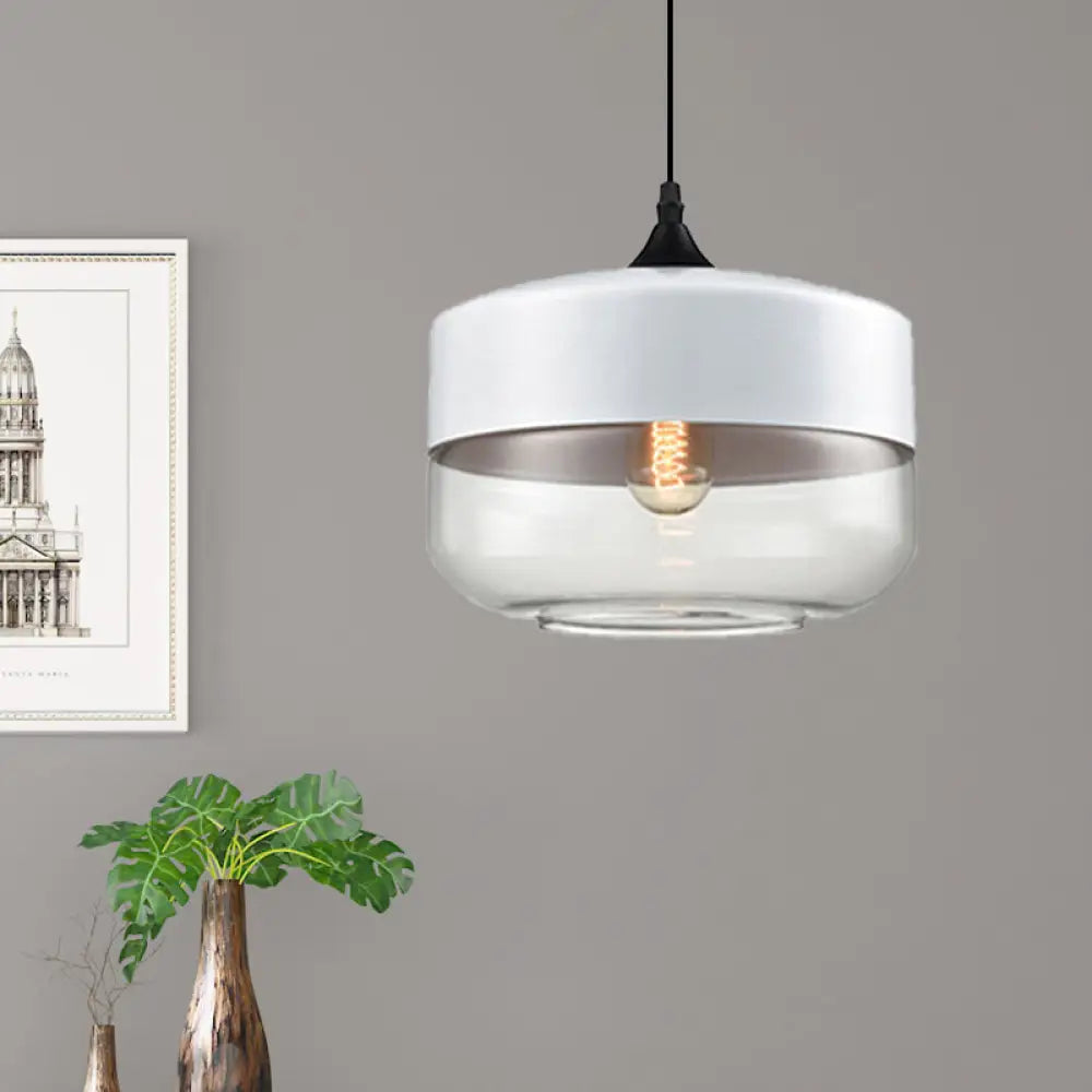 Modern 1-Light Drum/Cylinder/Jar Suspension Pendant – Clear/Yellow Glass White/Black Fixture