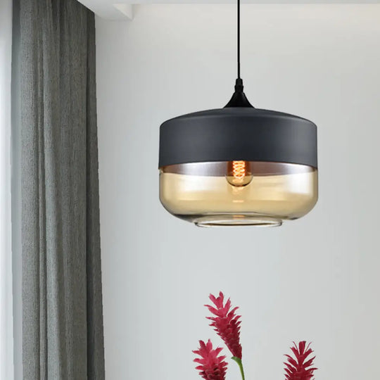 Modern 1-Light Drum/Cylinder/Jar Suspension Pendant – Clear/Yellow Glass White/Black Fixture