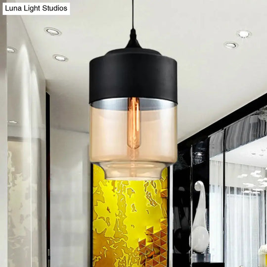 Modern 1-Light Glass Suspension Pendant In White/Black - 5/7/8 Wide Drum/Cylinder/Jar Clear/Yellow