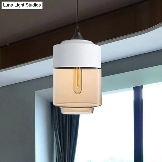 Modern 1-Light Drum/Cylinder/Jar Suspension Pendant – Clear/Yellow Glass White/Black Fixture