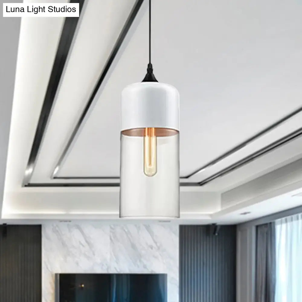 Modern 1-Light Drum/Cylinder/Jar Suspension Pendant – Clear/Yellow Glass White/Black Fixture