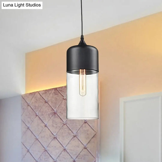 Modern 1-Light Drum/Cylinder/Jar Suspension Pendant – Clear/Yellow Glass White/Black Fixture