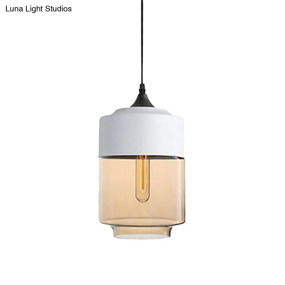 Modern 1-Light Glass Suspension Pendant In White/Black - 5/7/8 Wide Drum/Cylinder/Jar Clear/Yellow